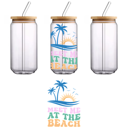 Colorful graphic featuring palm trees, sun, and the playful phrase "Meet Me at the Beach." Perfect for beach lovers!UV Transfers dtf transfers