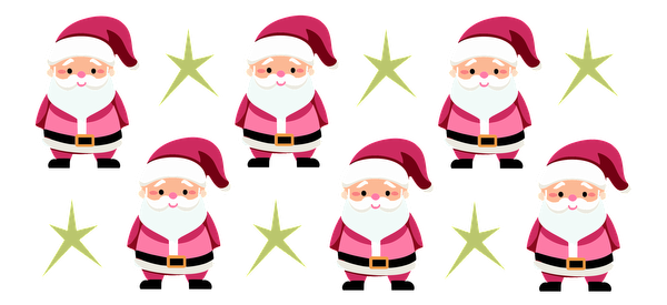 A cheerful group of cartoon Santa Clauses in pink suits, surrounded by bright yellow stars, perfect for festive decorations!UV Transfers dtf prints