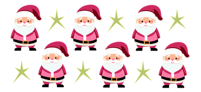 A cheerful group of cartoon Santa Clauses in pink suits, surrounded by bright yellow stars, perfect for festive decorations!UV Transfers dtf prints