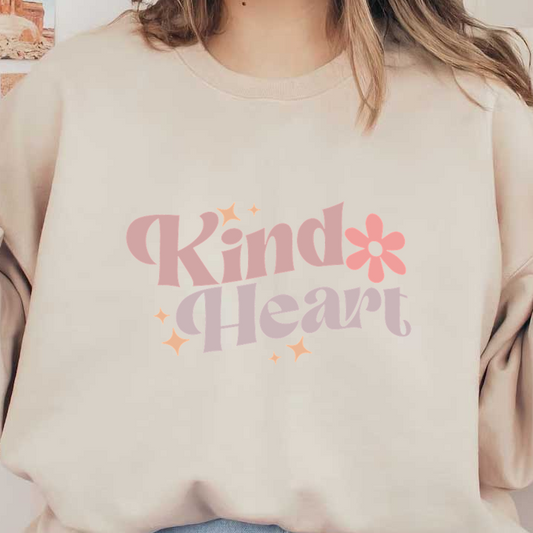 Un diseño divertido y colorido que presenta las palabras "Kind Heart" junto con una flor y brillos.