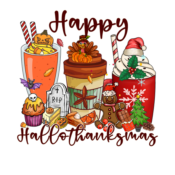 Celebrate the festive season with a whimsical "Happy HalloThanksMas" illustration featuring playful autumn and Halloween elements.dtf regular iron