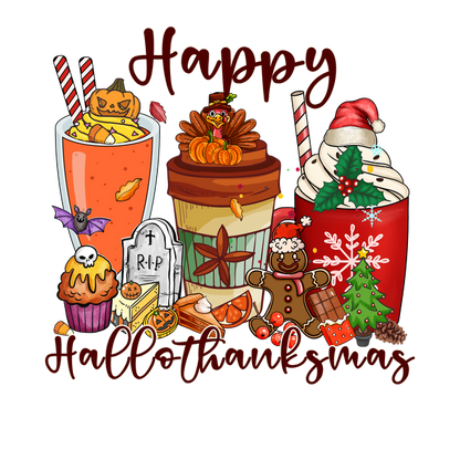 Celebrate the festive season with a whimsical "Happy HalloThanksMas" illustration featuring playful autumn and Halloween elements.dtf regular iron