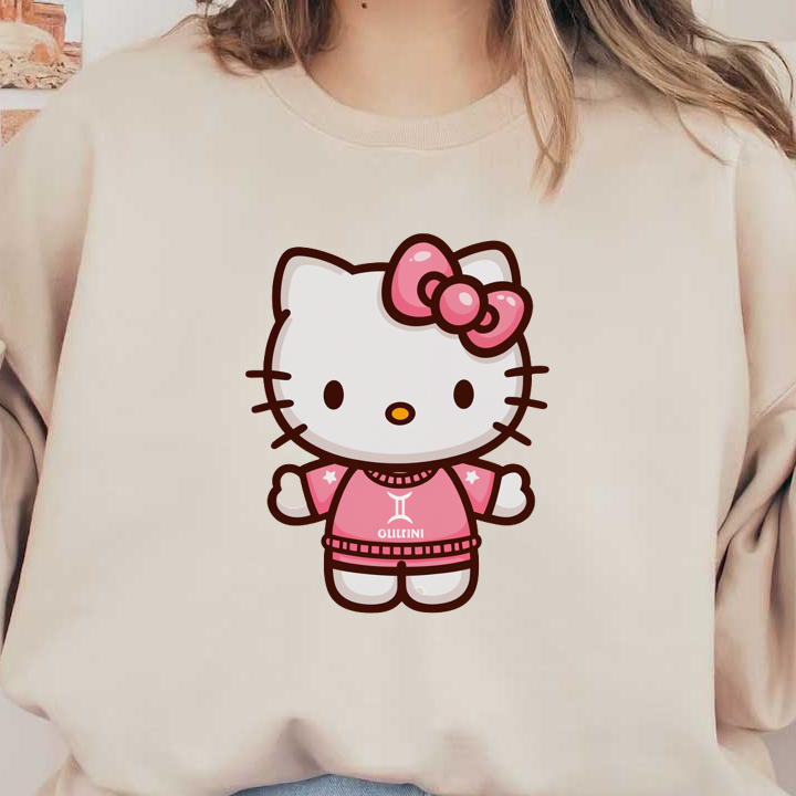 Cute Hello Kitty character dressed in a pink outfit with a "Gemini" symbol and a matching bow, spreading cheer.DTF Transfersdtf regular iron