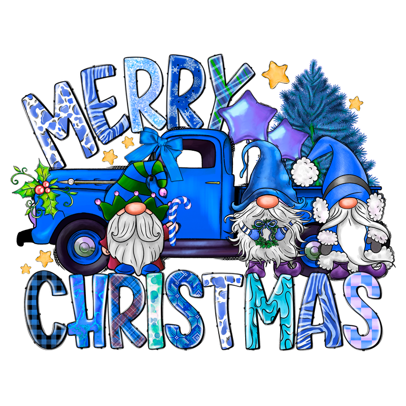 Celebrate the season with this cheerful "Merry Christmas" design featuring a festive blue truck and playful gnomes!DTF Transfers dtf prints