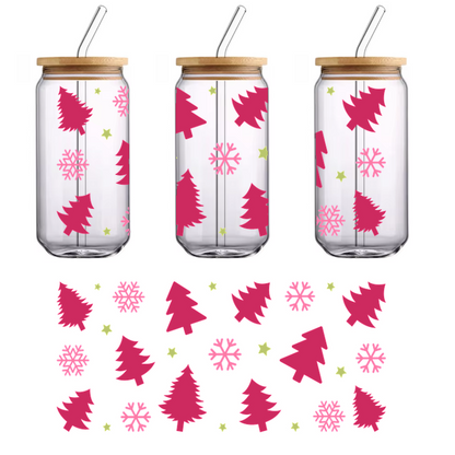 A playful, whimsical pattern featuring pink Christmas trees, snowflakes, and stars, perfect for a festive holiday vibe!UV Transfers dtf prints