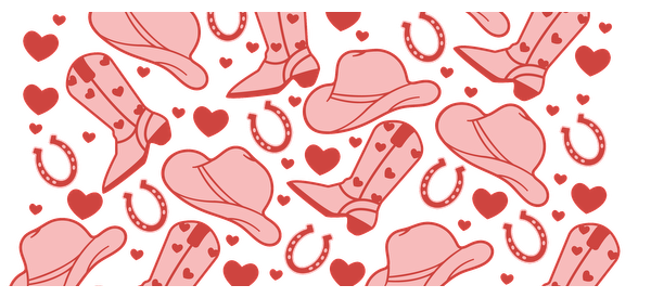 A playful pattern featuring pink cowboy hats, boots, hearts, and horseshoes, perfect for a fun, western-themed design.UV Transfers heat press transfers