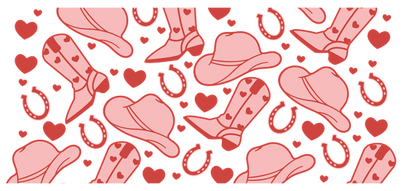 A playful pattern featuring pink cowboy hats, boots, hearts, and horseshoes, perfect for a fun, western-themed design.UV Transfers heat press transfers