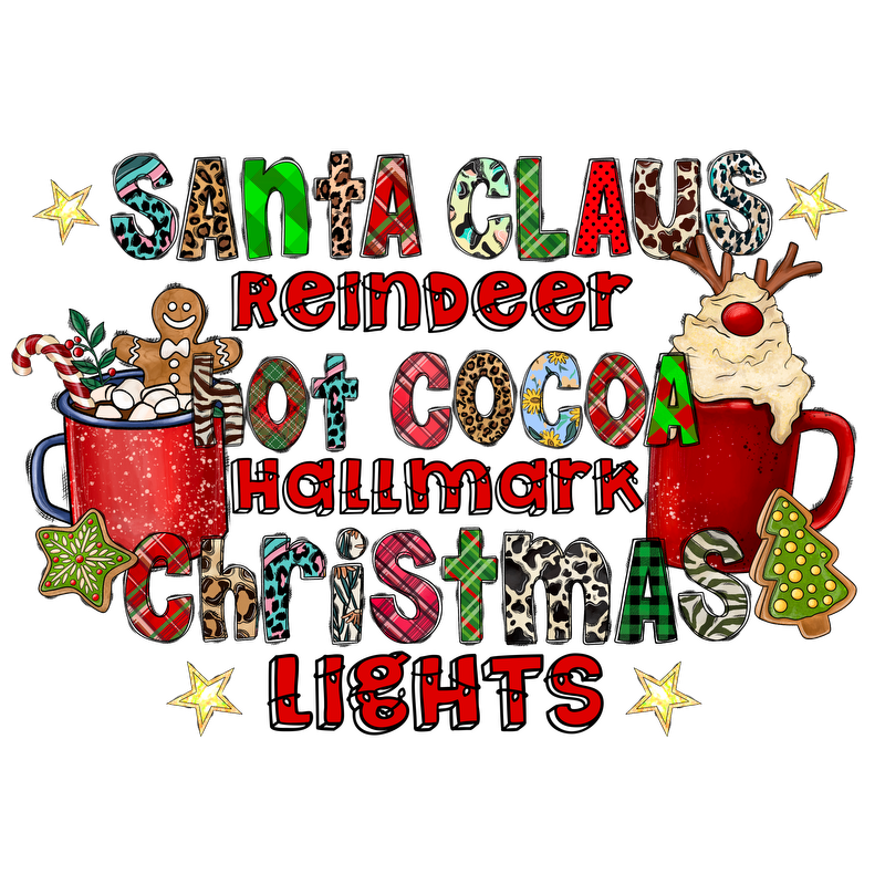 Celebrate the holiday spirit with this fun, colorful design featuring festive words, Christmas themes, and cozy imagery of hot cocoa!DTF Transfers heat press transfersdtf regular iron