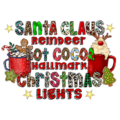 Celebrate the holiday spirit with this fun, colorful design featuring festive words, Christmas themes, and cozy imagery of hot cocoa!DTF Transfers heat press transfersdtf regular iron