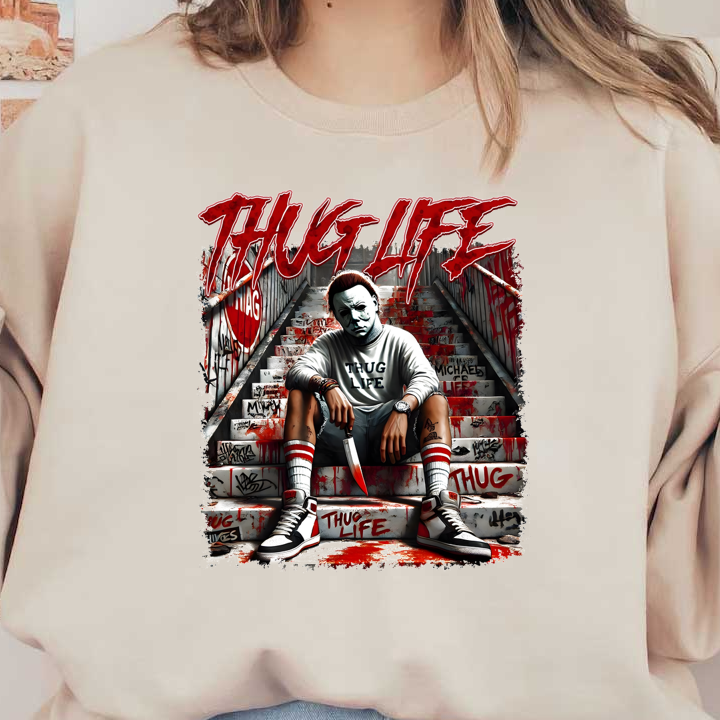 Una impactante ilustración presenta a un personaje con una camiseta de "THUG LIFE", sosteniendo un cuchillo, sentado en unas escaleras cubiertas de grafitis.