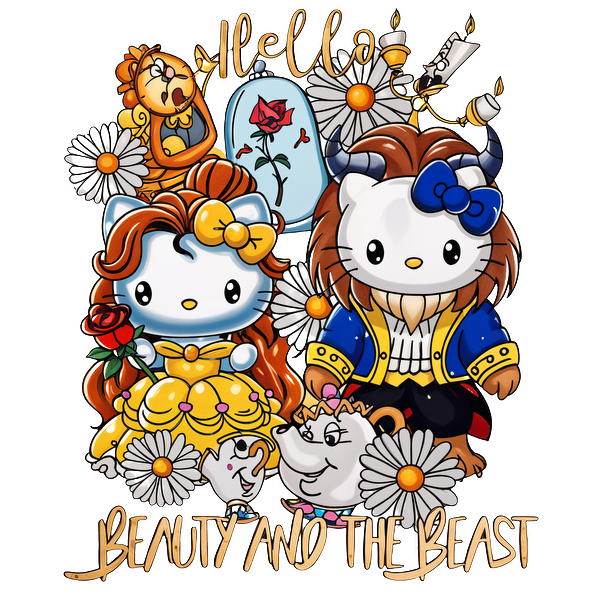 A whimsical design featuring Hello Kitty reimagined as Belle and the Beast from "Beauty and the Beast," surrounded by cheerful characters and flowers.DTF Transfers heat press transfers