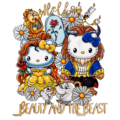 A whimsical design featuring Hello Kitty reimagined as Belle and the Beast from "Beauty and the Beast," surrounded by cheerful characters and flowers.DTF Transfers heat press transfers