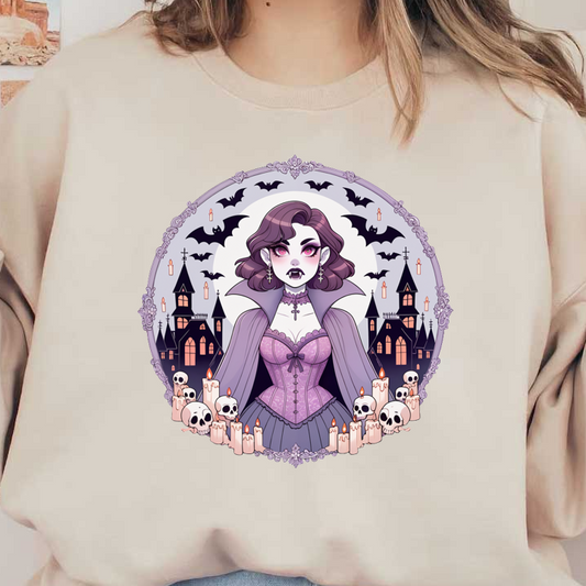 Una cautivadora ilustración de un vampiro con un vestido morado, rodeado de velas, calaveras y un fondo de mansión espeluznante.