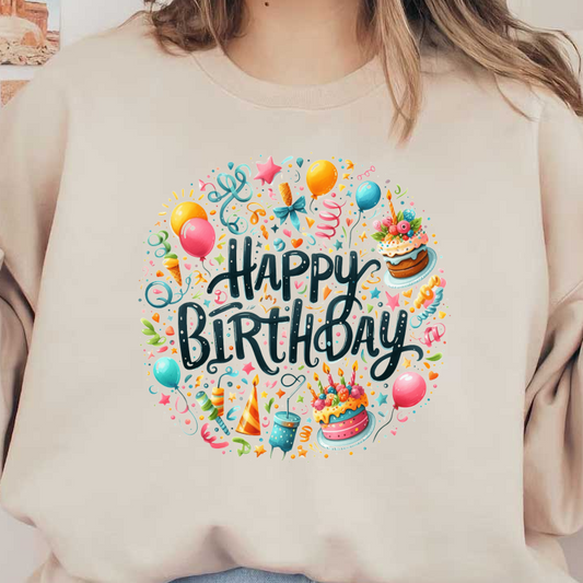 A vibrant and cheerful illustration celebrating birthdays with colorful balloons, playful decorations, and a delicious cake surrounded by festive elements.DTF Transfers