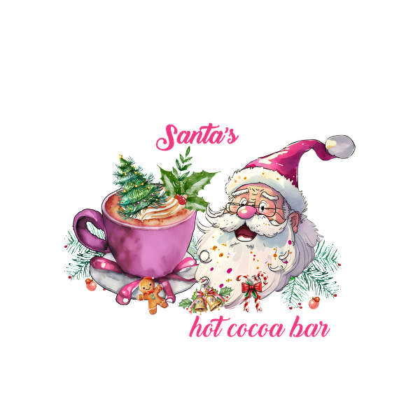 Acogedora ilustración que presenta a Papá Noel con una taza de chocolate caliente festiva, rodeado de delicias navideñas y vegetación, perfecto para Navidad.