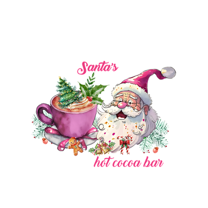 Acogedora ilustración que presenta a Papá Noel con una taza de chocolate caliente festiva, rodeado de delicias navideñas y vegetación, perfecto para Navidad.