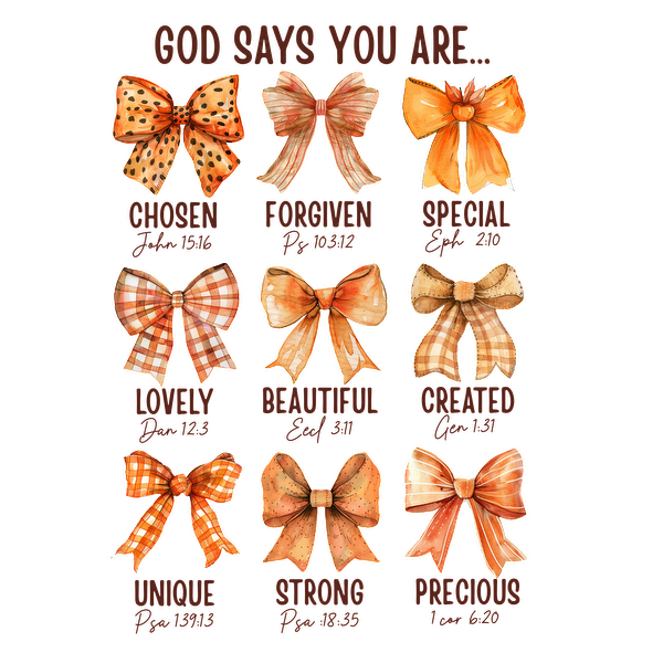 A colorful graphic featuring various decorative bows, each labeled with uplifting affirmations like "Chosen," "Loved," and "Precious." dtf transfers