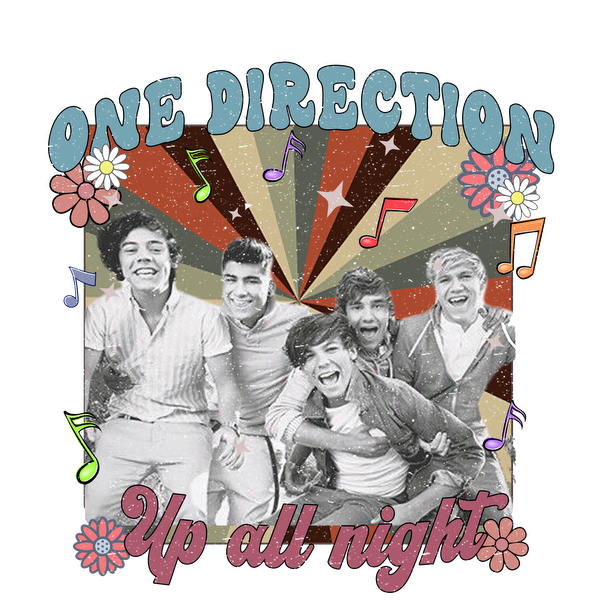 Celebrate the iconic boy band One Direction with a vibrant "Up All Night" design featuring cheerful colors and playful music notes!DTF Transfers dtf prints