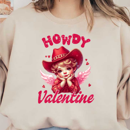 A charming design featuring a sweet character in a cowboy hat with angel wings, perfect for Valentine's Day celebrations.DTF Transfers