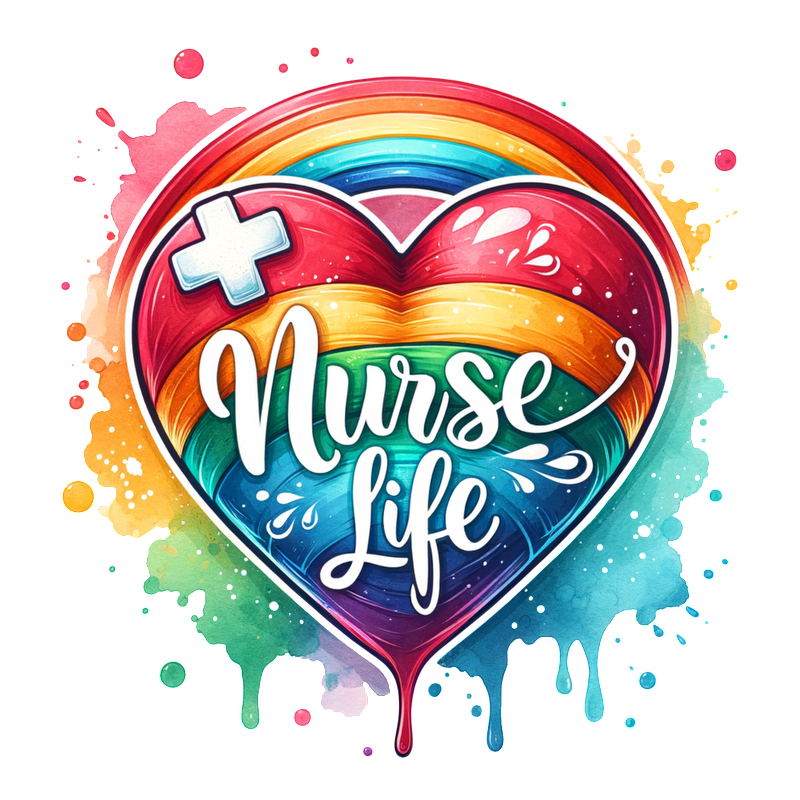 A vibrant, artistic design featuring a heart in rainbow colors, accented with a medical cross and the phrase "Nurse Life."DTF Transfers