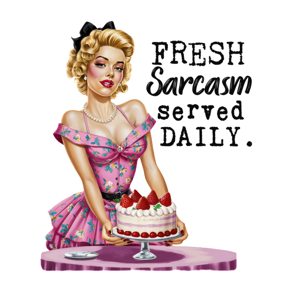 Una divertida ilustración retro de una mujer glamorosa con un vestido floral rosa, sirviendo un pastel con la frase "Sarcasmo fresco servido diariamente".