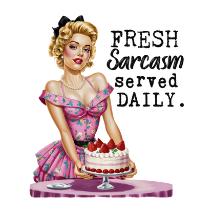 Una divertida ilustración retro de una mujer glamorosa con un vestido floral rosa, sirviendo un pastel con la frase "Sarcasmo fresco servido diariamente".