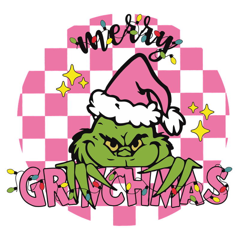 Celebrate the holiday spirit with this festive Grinch graphic featuring his playful expression and a pink checkered background.DTF Transfers heat press transfers