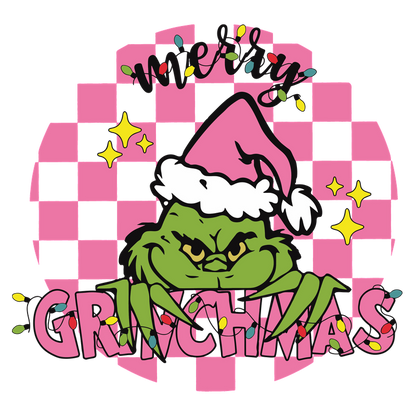 Celebrate the holiday spirit with this festive Grinch graphic featuring his playful expression and a pink checkered background.DTF Transfers heat press transfers