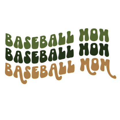 Playful "Baseball Mom" text in earthy tones, showcasing a fun and vibrant design perfect for supportive baseball moms.DTF Transfersdtf regular iron