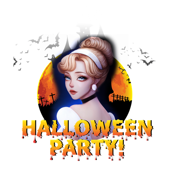 A whimsical Halloween party graphic featuring a stylish character against a spooky backdrop, with vibrant colors and a festive theme. dtf transfers