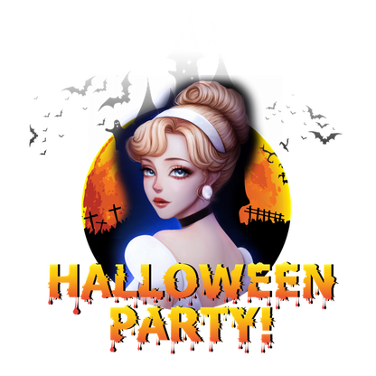 A whimsical Halloween party graphic featuring a stylish character against a spooky backdrop, with vibrant colors and a festive theme. dtf transfers