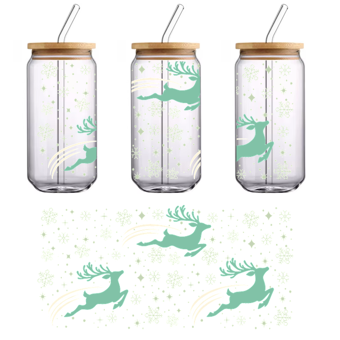 A whimsical pattern featuring leaping teal reindeer amidst a backdrop of snowflakes and geometric shapes, perfect for festive designs.UV Transfers heat press transfers