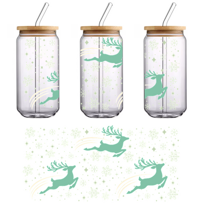 A whimsical pattern featuring leaping teal reindeer amidst a backdrop of snowflakes and geometric shapes, perfect for festive designs.UV Transfers heat press transfers