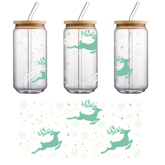 A whimsical pattern featuring leaping teal reindeer amidst a backdrop of snowflakes and geometric shapes, perfect for festive designs.UV Transfers heat press transfers
