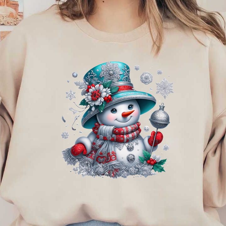 A cheerful snowman dressed in a decorated blue hat and a cozy red scarf, holding a silver bell amidst snowflakes.DTF Transfers heat press transfers