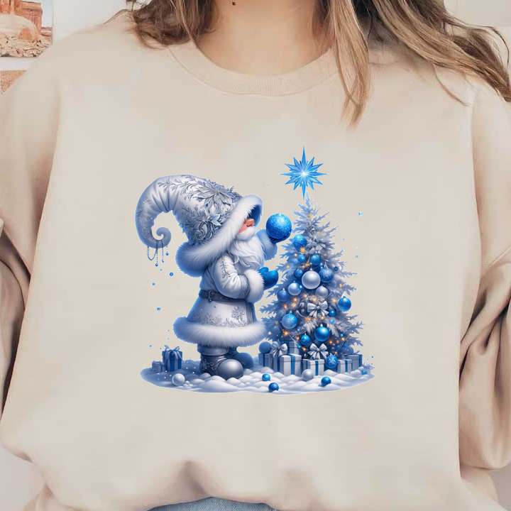 A whimsical winter scene featuring a snowy figure in a blue and white outfit decorating a Christmas tree with blue ornaments.DTF Transfers dtf transfers