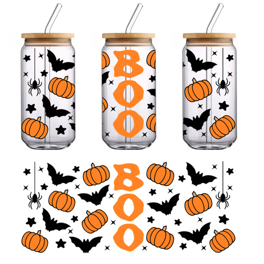 A festive and playful Halloween graphic featuring the word "BOO" surrounded by cheerful orange pumpkins.UV Transfers dtf transfers