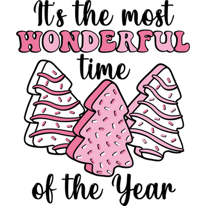 A whimsical illustration of pink and white Christmas trees with the word "WONDERFUL" above, perfect for festive cheer! heat press transfers