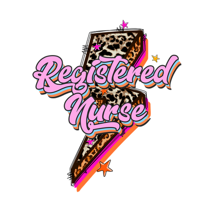 Bold and vibrant "Registered Nurse" graphic featuring a playful lightning bolt with leopard print and colorful stars, perfect for nurses!DTF Transfers