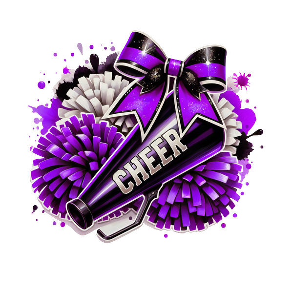 A vibrant cheerleading graphic featuring a black megaphone with a bow and purple and white pom-poms, celebrating team spirit!DTF Transfersdtf regular iron