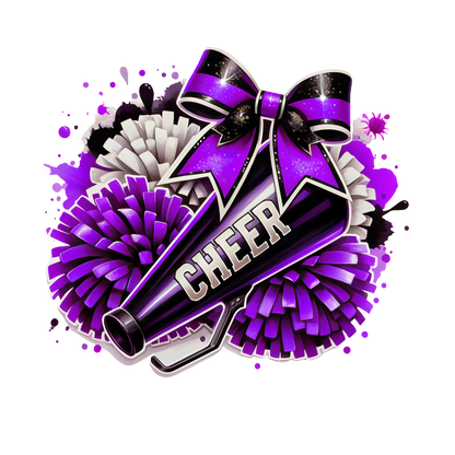 A vibrant cheerleading graphic featuring a black megaphone with a bow and purple and white pom-poms, celebrating team spirit!DTF Transfersdtf regular iron