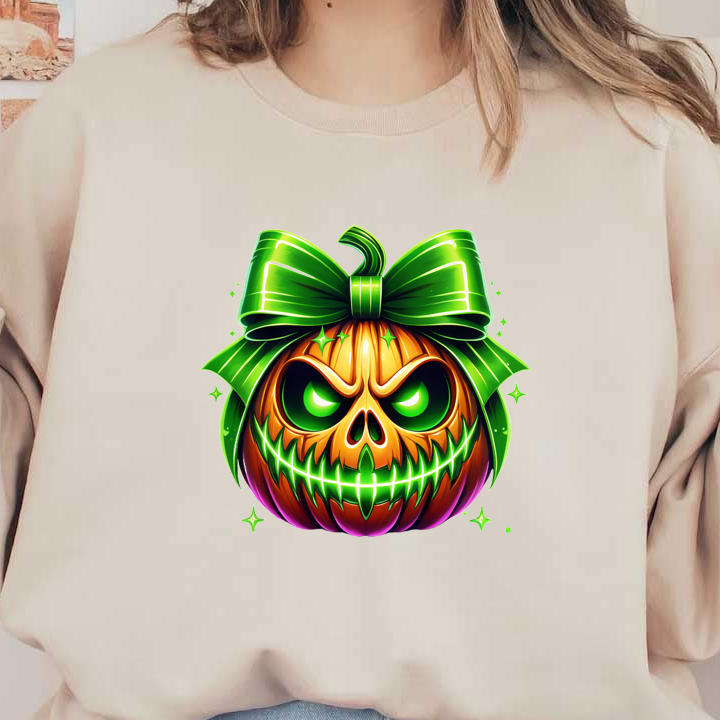 Una calabaza espeluznante pero alegre presenta una cara de calavera y un lazo verde vibrante, perfecta para decoraciones festivas.