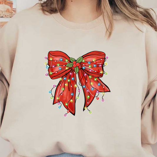 A festive red bow adorned with colorful Christmas lights and holly, perfect for holiday decorations. heat press transfers