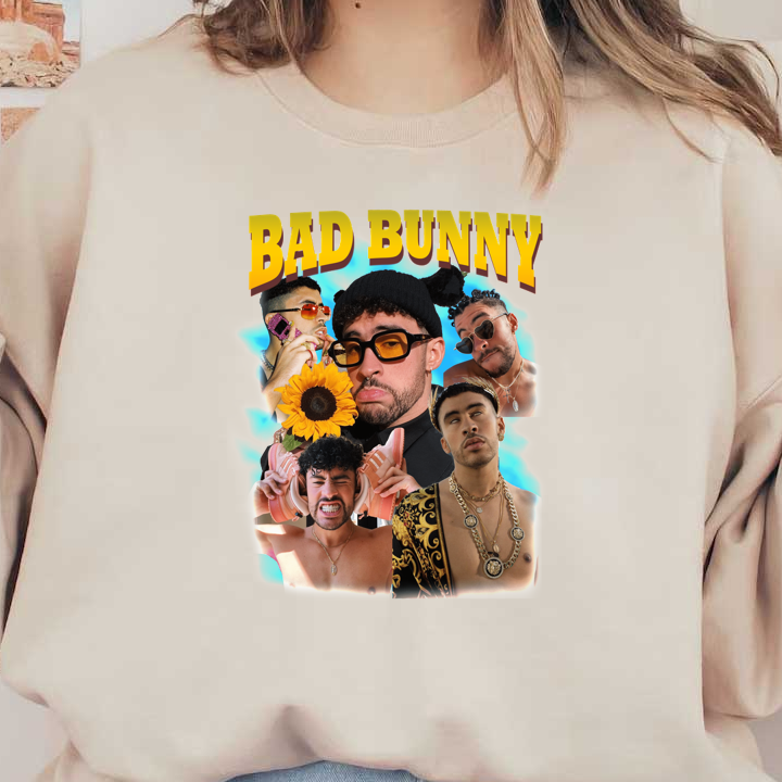 A vibrant collage of Bad Bunny showcasing various expressions and styles, featuring trendy accessories, including sunglasses and jewelry.DTF Transfers heat press transfers