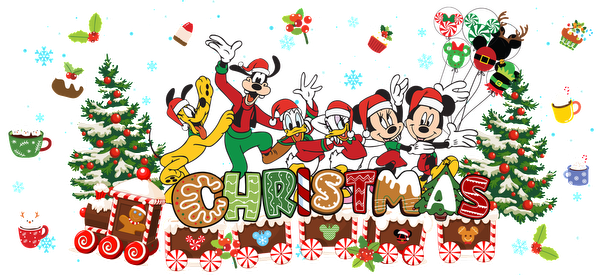 Celebrate the festive spirit with Mickey and friends, decked out in Santa hats, surrounded by Christmas trees and colorful decorations!UV Transfers dtf prints