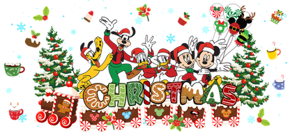 Celebrate the festive spirit with Mickey and friends, decked out in Santa hats, surrounded by Christmas trees and colorful decorations!UV Transfers dtf prints