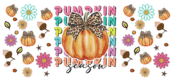 A vibrant fall-themed design featuring a pumpkin with a leopard print bow, surrounded by colorful flowers and playful text.UV Transfers dtf transfers