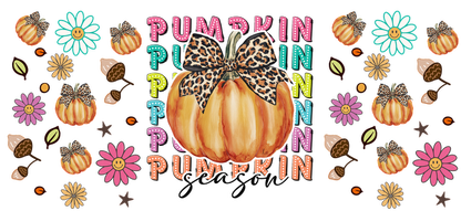 A vibrant fall-themed design featuring a pumpkin with a leopard print bow, surrounded by colorful flowers and playful text.UV Transfers dtf transfers