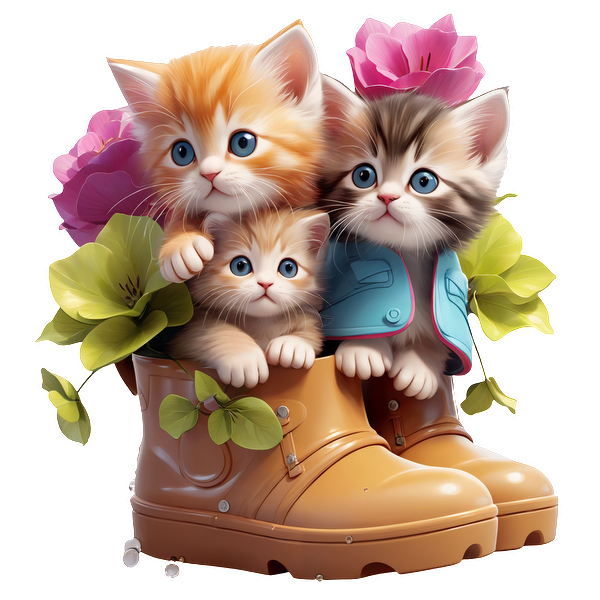 Tres adorables gatitos juguetonamente acurrucados en coloridas botas de goma adornadas con flores vibrantes, aportando un toque encantador y animado.