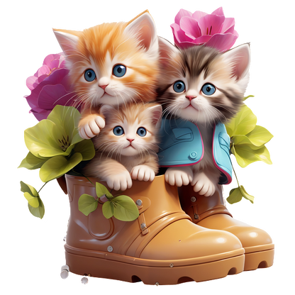 Tres adorables gatitos juguetonamente acurrucados en coloridas botas de goma adornadas con flores vibrantes, aportando un toque encantador y animado.